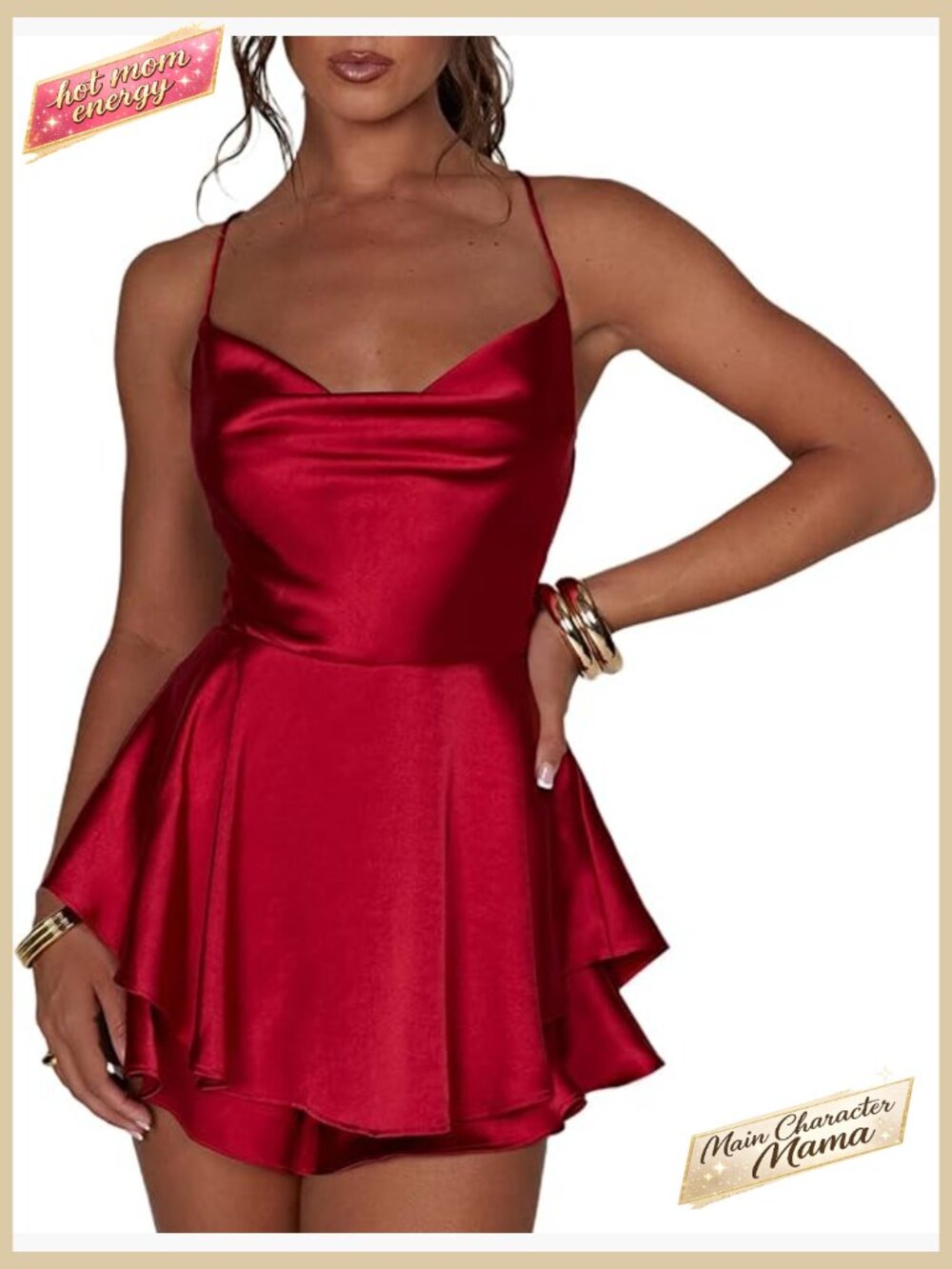 Satin Cowl Neck Backless Romper Jumpsuit Mini Dress Spaghetti Strap Bodycon